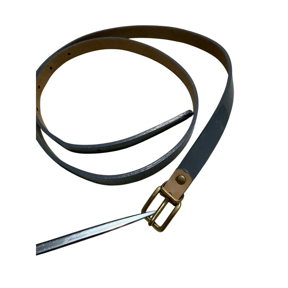 J.Crew Gray Genuine Leather Skinny Belt Size Medium Gold Tone Buckle 38164